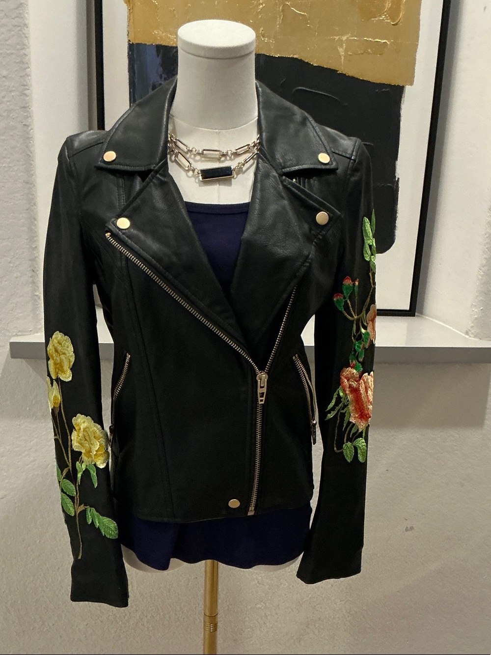 Blank NYC Black Leather Moto Jacket with Floral Sleeve Embroidery